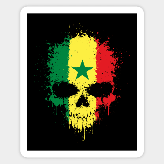 Chaotic Senegal Flag Splatter Skull Sticker by jeffbartels